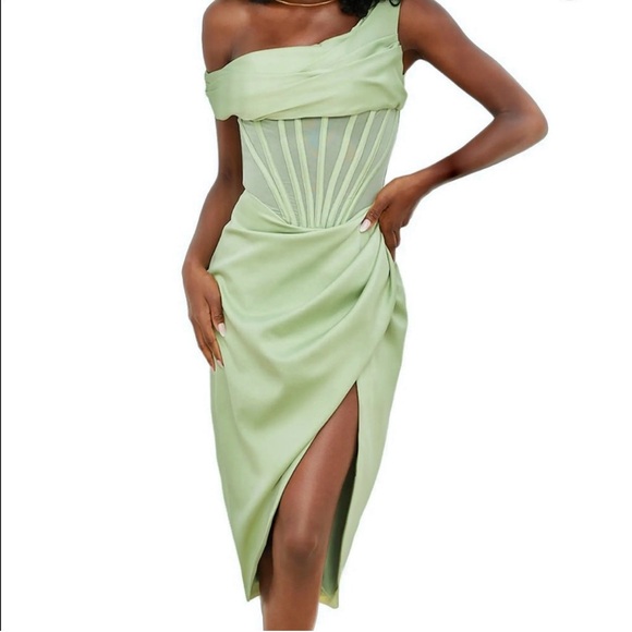 House of CB 'Lulu' Corset Sheer Panel Satin Draped Dress Pistachio XS  US 2-4 - Picture 12 of 16